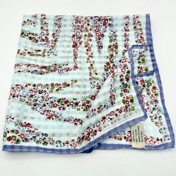 Vtg 1990s Perry Ellis 100% Silk Floral Gingham Scarf 20.5” Square Made in Korea - Picture 8 of 9